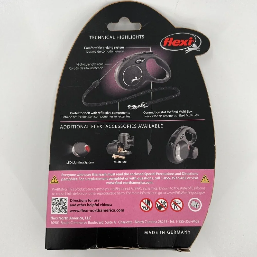 Flexi NEW Classic Dog Leash Retractable Cord for SMALL Pet 0-26 lb BLACK 16 feet